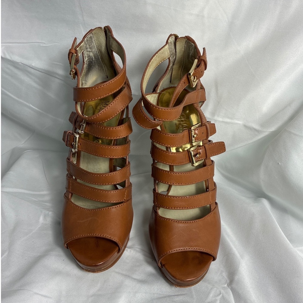 Michael Kors Tan Leather Strappy Gladiator Platform Heels Brown Gold Buckle 9.5M